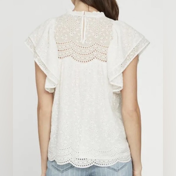 BCBGMAXAZRIA Women’s Sz XXS Cotton Eyelet Ruffle Top Off White Retails 198 - Picture 2 of 7